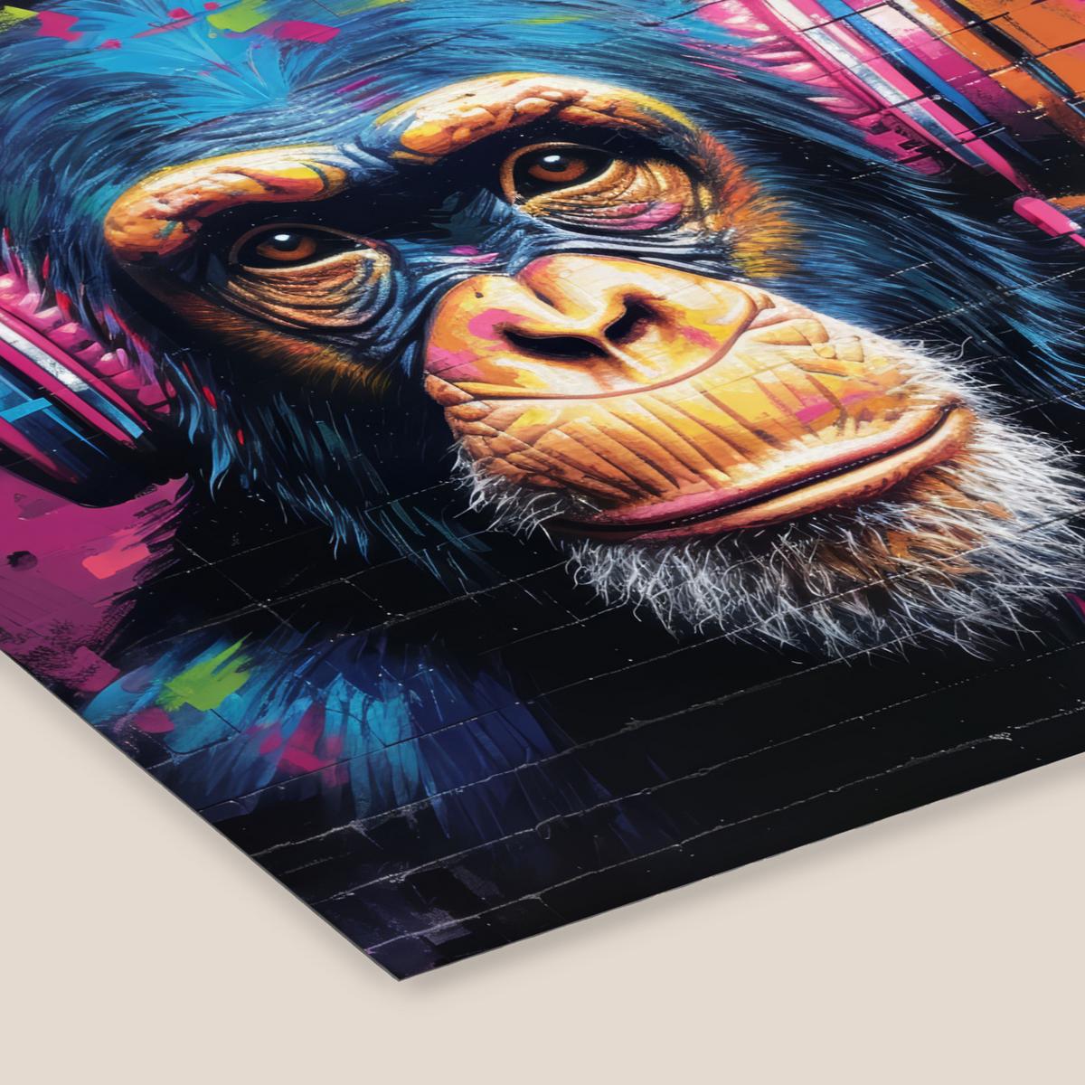 POSTER MIT RAHMENGERAHMTES BILD Graffiti - Schimpanse - Straßenkunst - Kopfhörer - Affe 40x40 cm - Blau, Papier (40/40cm) - MuchoWow