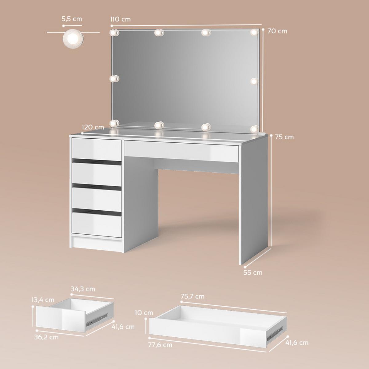 SCHMINKTISCH Imola Weiß 120 cm mit LED Beleuchtung - Weiß, Holzwerkstoff (120/75/55cm) - Livinity®