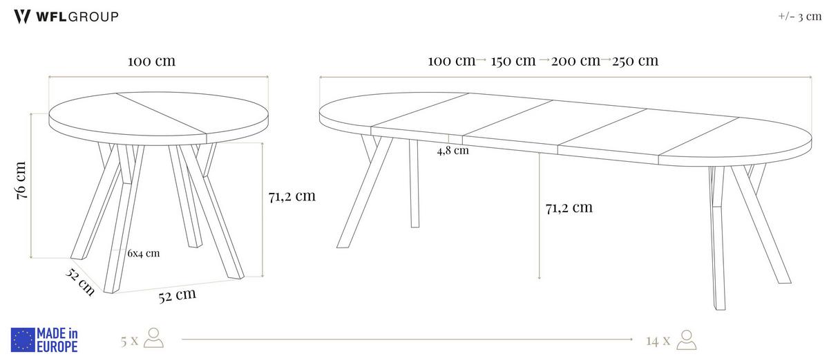 ESSTISCH Twixy XXL groß rund oval ausziehbar, Grauer Beton 100-250/100/76 cm - Hellgrau/Weiß, Holz/Holzwerkstoff (100/250/76cm) - WFL GROUP