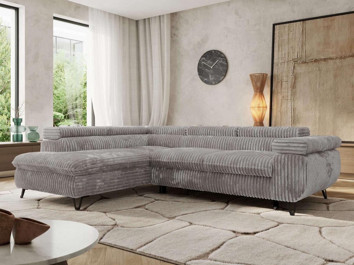 ECKSOFA PABLO L Hellgrau Cord - Links Seite - Hellgrau/Schwarz, Textil/Metall (208/273cm) - MKS