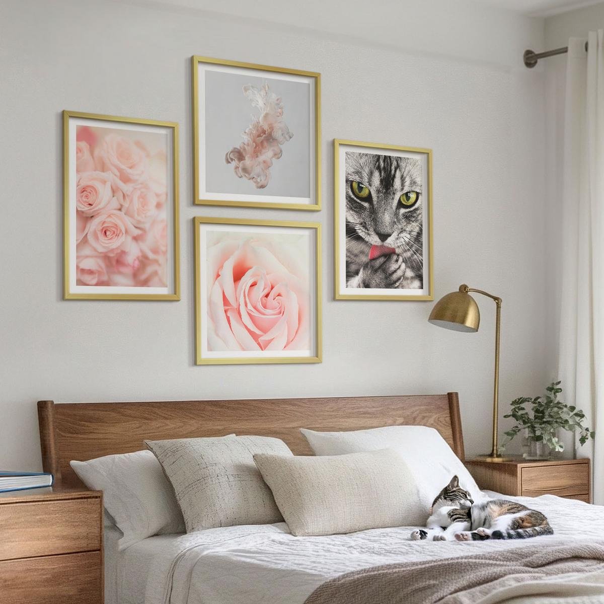 BILDER SET 4er Set - 50x50 cm & 40x60 cm Goldrahmen - Abstrakte Darstellung von grauen Katzenrosen - Goldfarben, Kunststoff (50/50cm) - TULUP