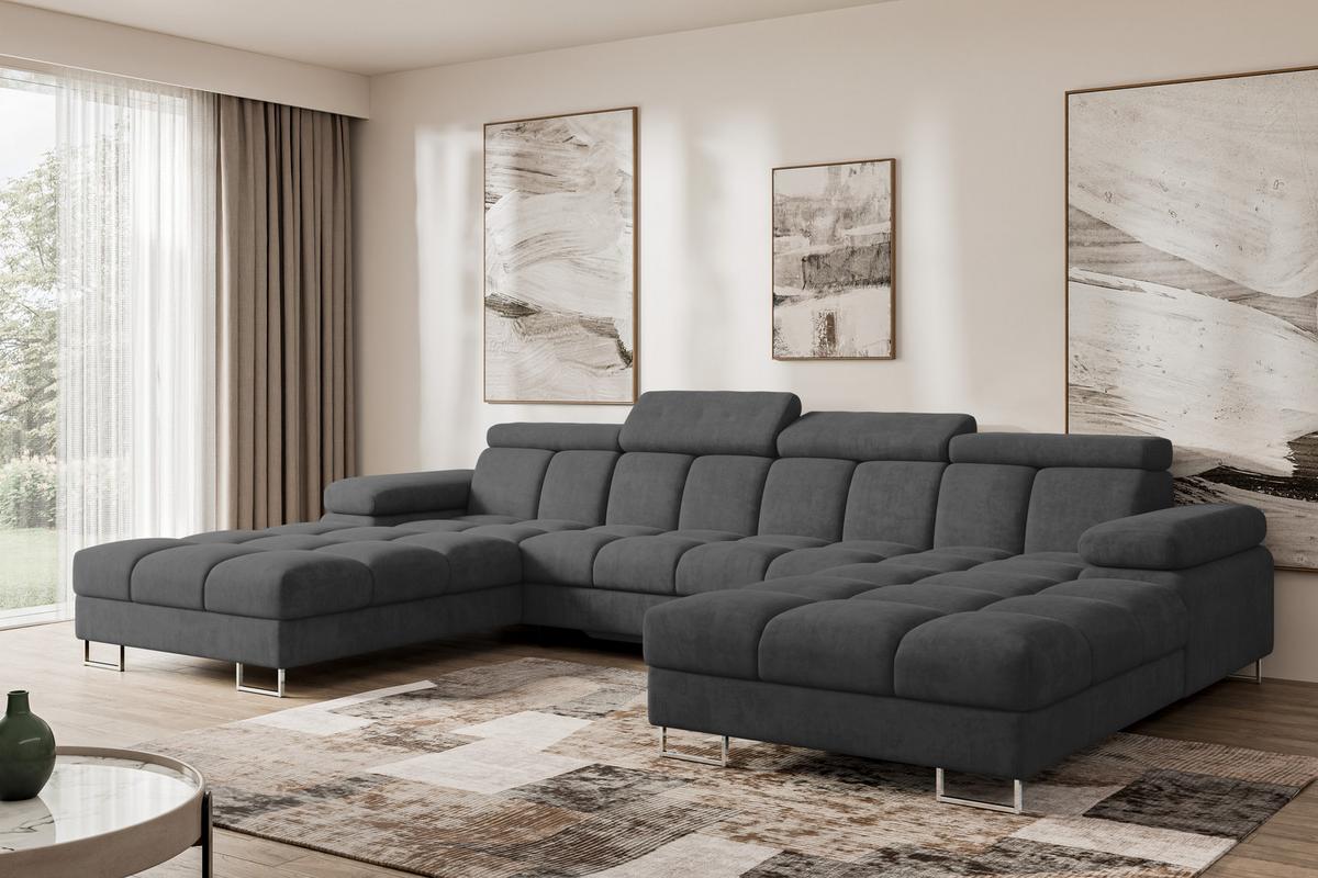 WOHNLANDSCHAFT mit Schlaffunktion und Bettkasten COMA U2 345x203x79 Dunkelgrau Velours - Dunkelgrau, Holzwerkstoff/Textil (345/79/203cm) - ALTDECOR