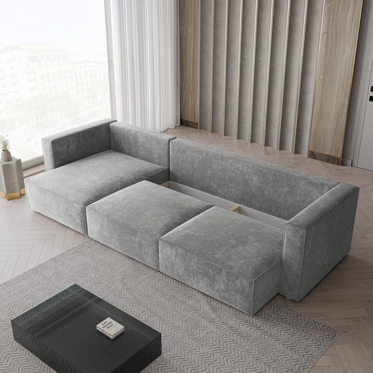 ECKSOFA TOLMO LM Hellgrau Chenille mit Schlaffunktion - Hellgrau, Holzwerkstoff/Textil (347/148cm) - MASSENO