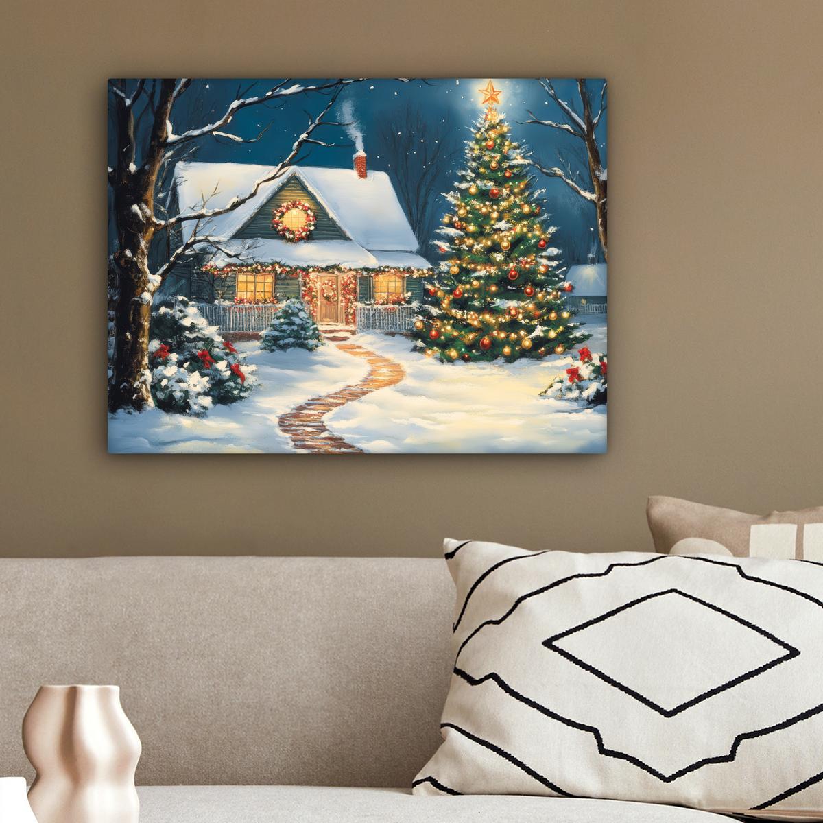 LEINWANDBILD Weihnachten - Weihnachtsbaum - Winter - Zuhause - Schnee Wandbild 40x30 cm - Smaragdgrün, Textil (40/30cm) - MuchoWow