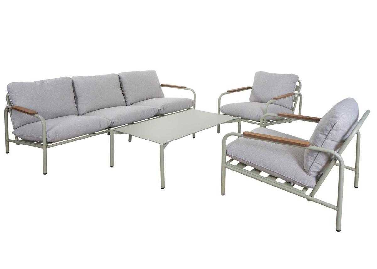 GARTENGARNITUR Hellgrün, Beige 1x 3-Sitzer Gartenbank, 2x Sessel und 1x Tisch-Set - Beige/Hellgrün, Metall - MCW