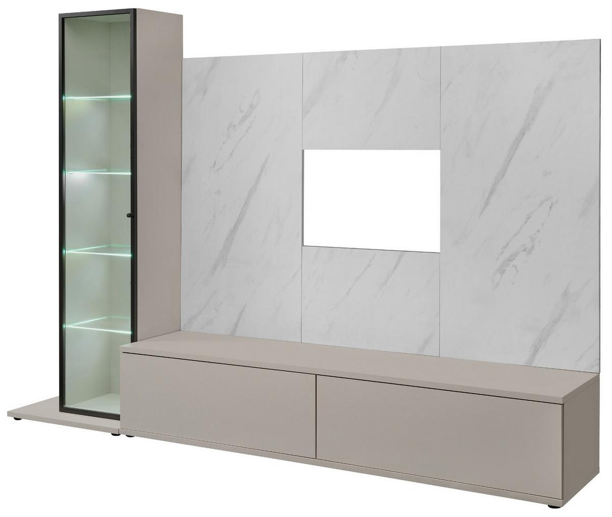 WOHNWAND kaschmir, Marmor weiß 240 cm, Schrankwand mit Wandpaneel, Beleuchtung, Push-to-Open - Kaschmir/Schwarz, Glas/Holzwerkstoff (240/175/45cm) - Inn.Furn