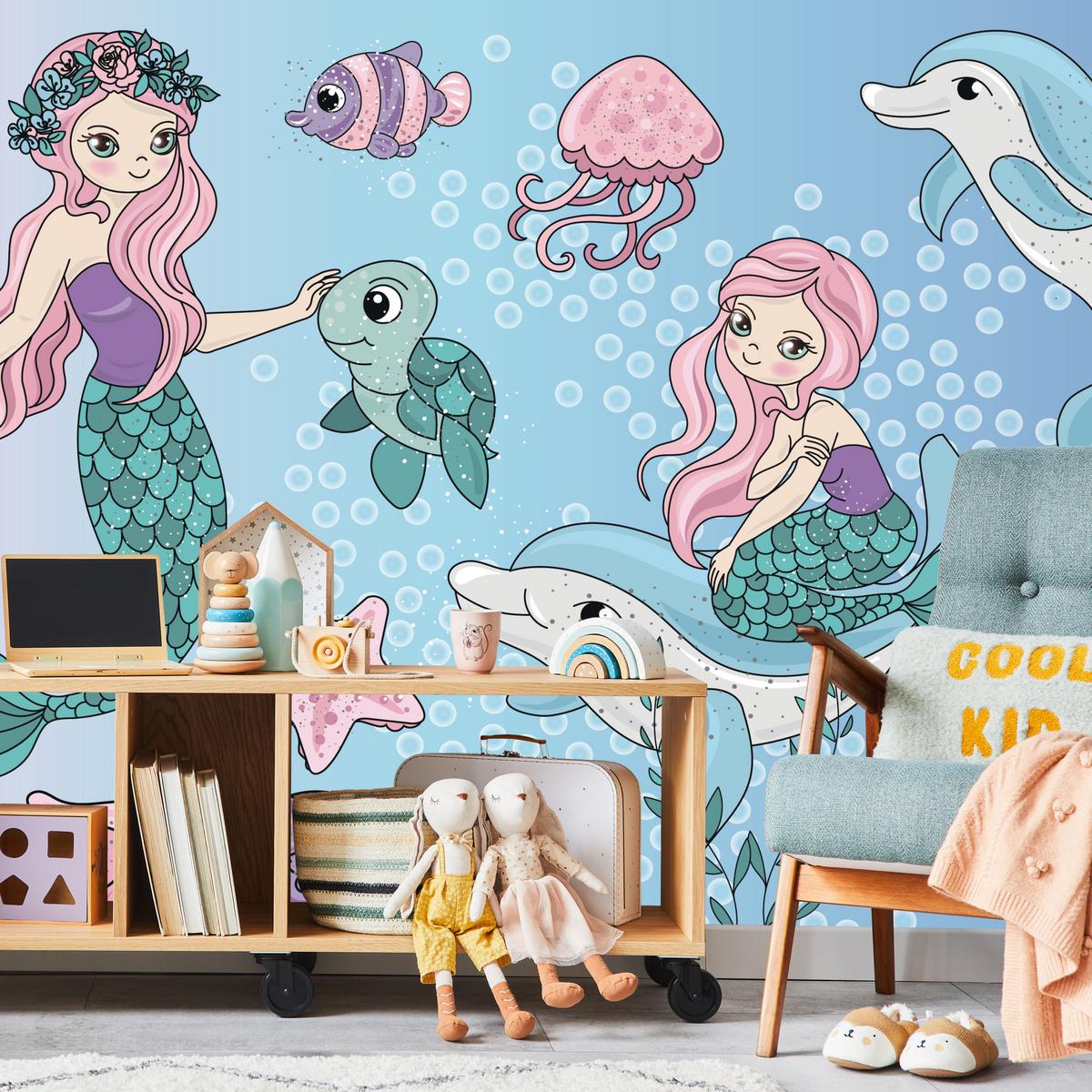FOTOTAPETE für Kinderzimmer Meerjungfrauen Delfine Fische Muscheln Qualle Schildkröte 350x256 - Multicolor, Papier (350/256cm) - Muralo