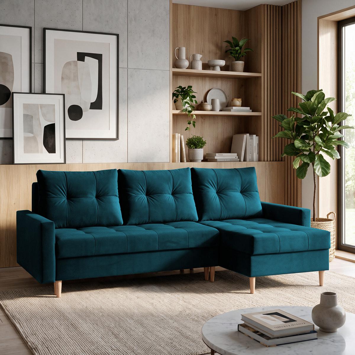 ECKSCHLAFSOFA Halant mit Bettkasten, universelle Ottomane, Veloursstoff, Türkis - Türkis, Textil (220/140cm) - Beautysofa