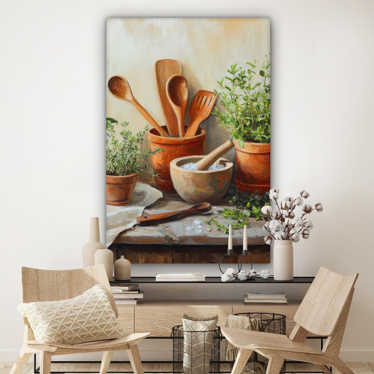 LEINWANDBILD Töpfe - Kräuter - Holz Deko Groß 90x140 cm - Terracotta, Textil (90/140cm) - MuchoWow