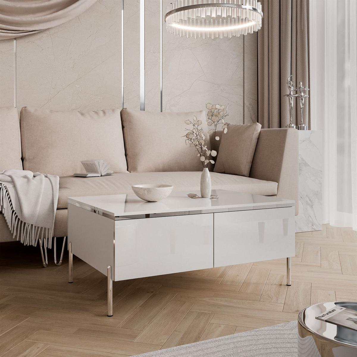 COUCHTISCH AURORA SILVER mit Stauraum und geraden Beinen - Weiß Hochglanz, Holzwerkstoff (60/90/44.5cm) - Lookway