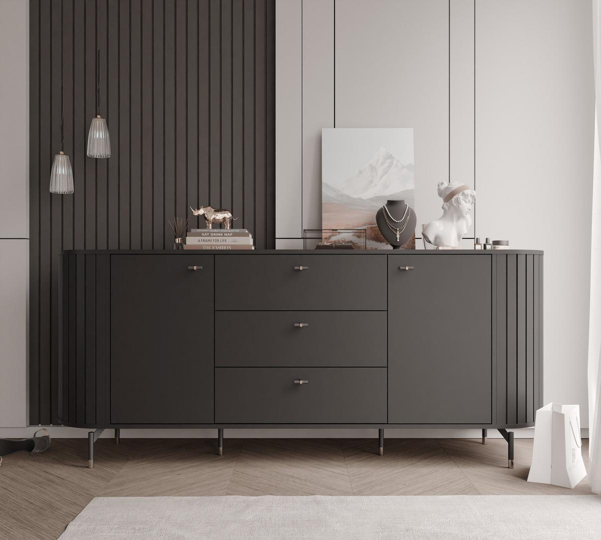 KOMMODE geriffelt, mit drei Schubladen, Schwarz - Schwarz, Holzwerkstoff (190/81/40cm) - Idohome