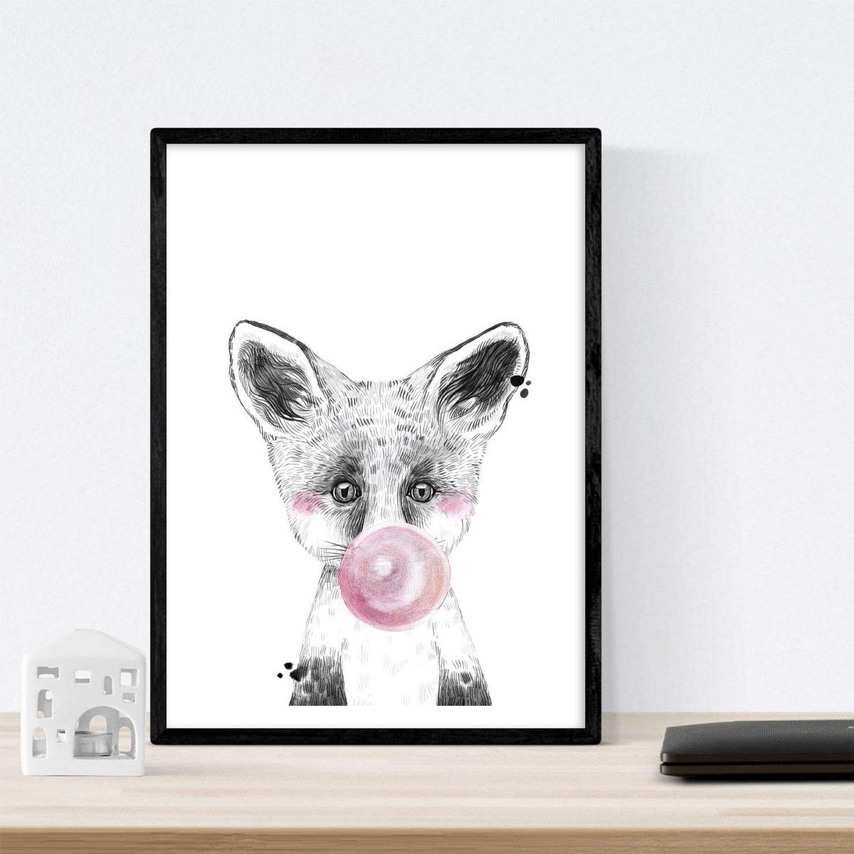 POSTER Set Mit 6 Tiere Babys Mit Kaugummi Pork Hirsch Vaca Zorro Eulenhund A4 Schwarzer Rahmen - Schwarz, Papier (29/3cm) - Nacnic
