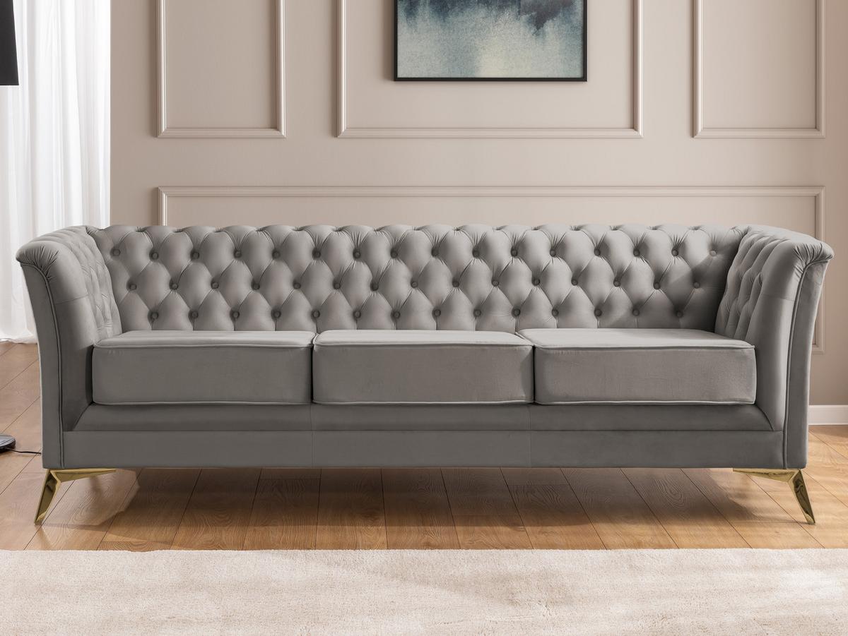 CHESTERFIELD-SOFA 3-sitzer Whitby Grau Samt mit goldenen Füßen - Goldfarben/Grau, Holz/Textil (237/78/82cm) - S-Style Möbel