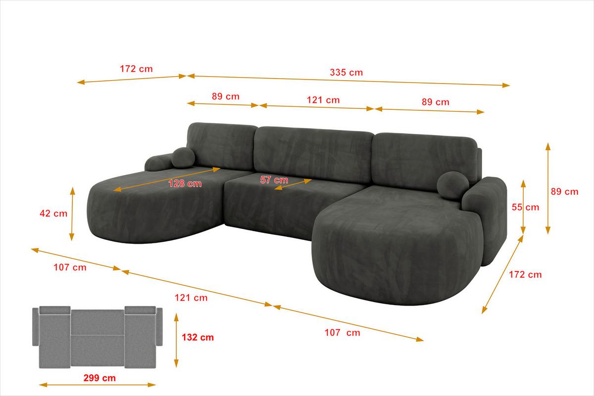 WOHNLANDSCHAFT mit Schlaffunktion und Bettkasten LIRA-U - 335x172x89 Dunkelgrau - Dunkelgrau, Holzwerkstoff/Textil (335/89/172cm) - ALTDECOR