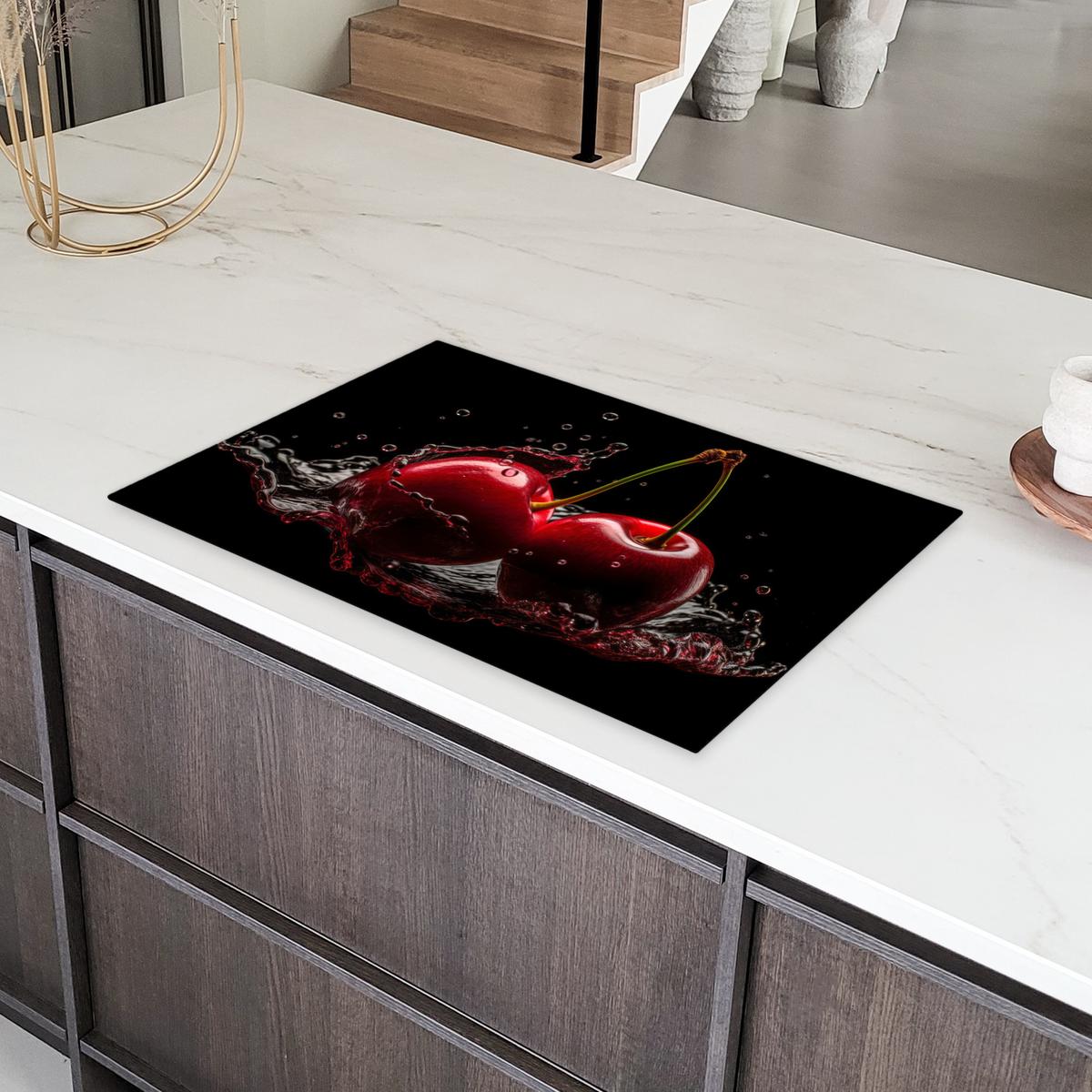 HERDABDECKPLATTE Kirsche - Rot - Frucht - Wasser - Schwarz Induktionsmatte 81x52 cm - Kirschrot, Kunststoff (81/52/0.2cm) - MuchoWow