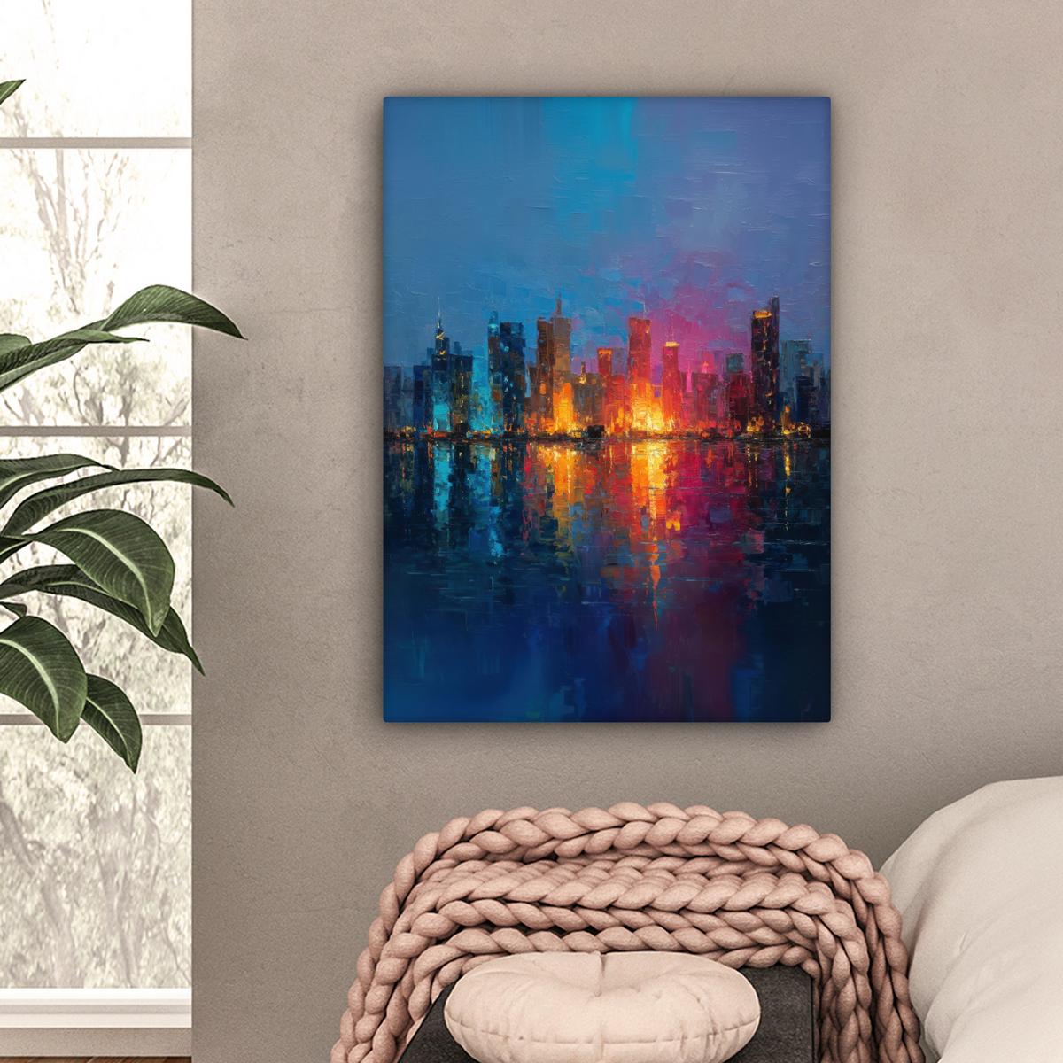 LEINWANDBILD Skyline - Pinselstriche - Dunkelblau - Leuchtend Wandbild Wohnzimmer 60x80 cm - Blau, Textil (60/80cm) - MuchoWow