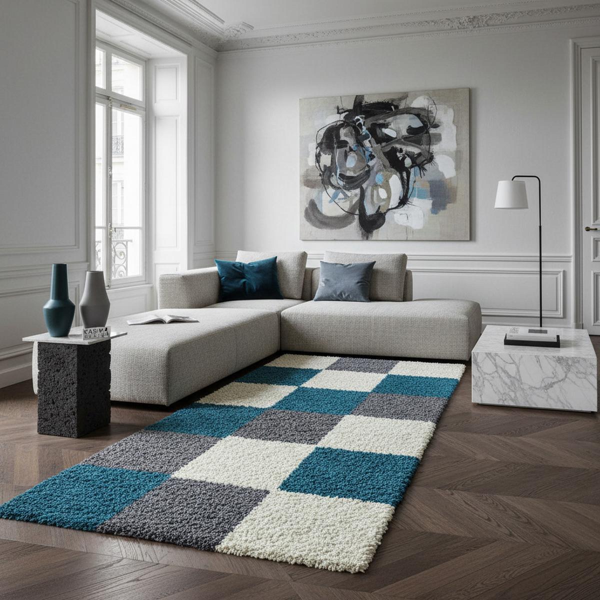 HOCHFLORTEPPICH RHEIN, kariert, Türkis, 80 x 250 cm - Blau, Textil (250/80cm) - KADIMA DESIGN