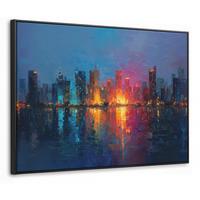 LEINWAND Bilder mit Rahmen - Skyline - Pinselstriche - Dunkelblau - Leuchtend - 100x70 - Blau, Textil (100/70cm) - MuchoWow