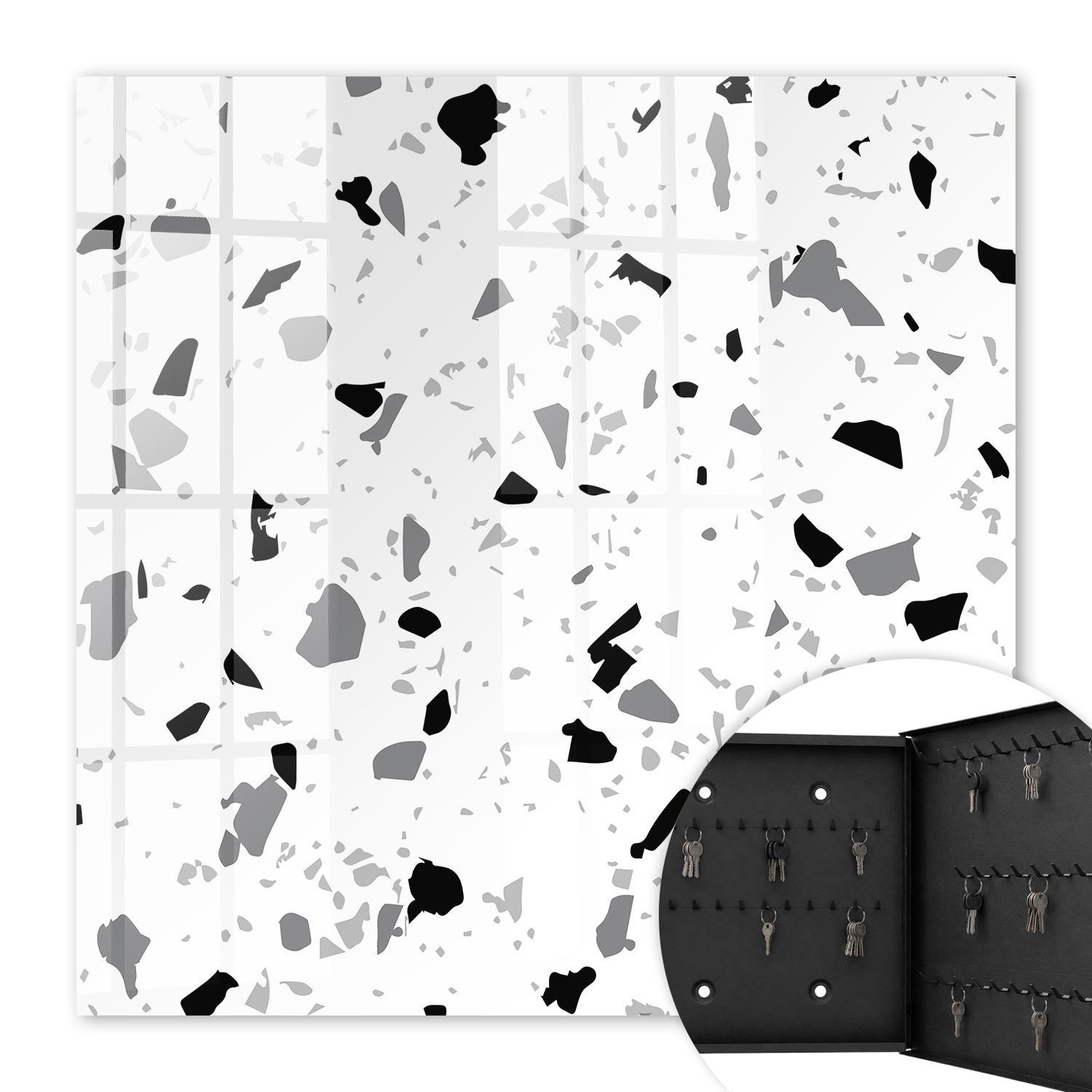 SCHLÜSSELBOX Schwarz 30x30 cm- Türöffnung nach rechts - Monochromer Terrazzo - Weiß, Metall (30/30/5cm) - TULUP