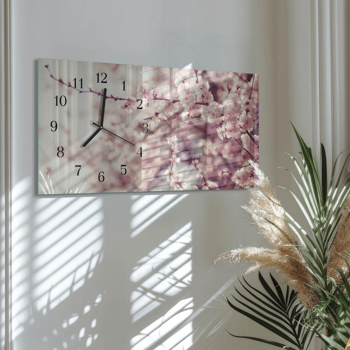 WANDUHR aus Glas 60x30 cm - Kirschblüten - Pink, Glas (60/30/0.4cm) - TULUP