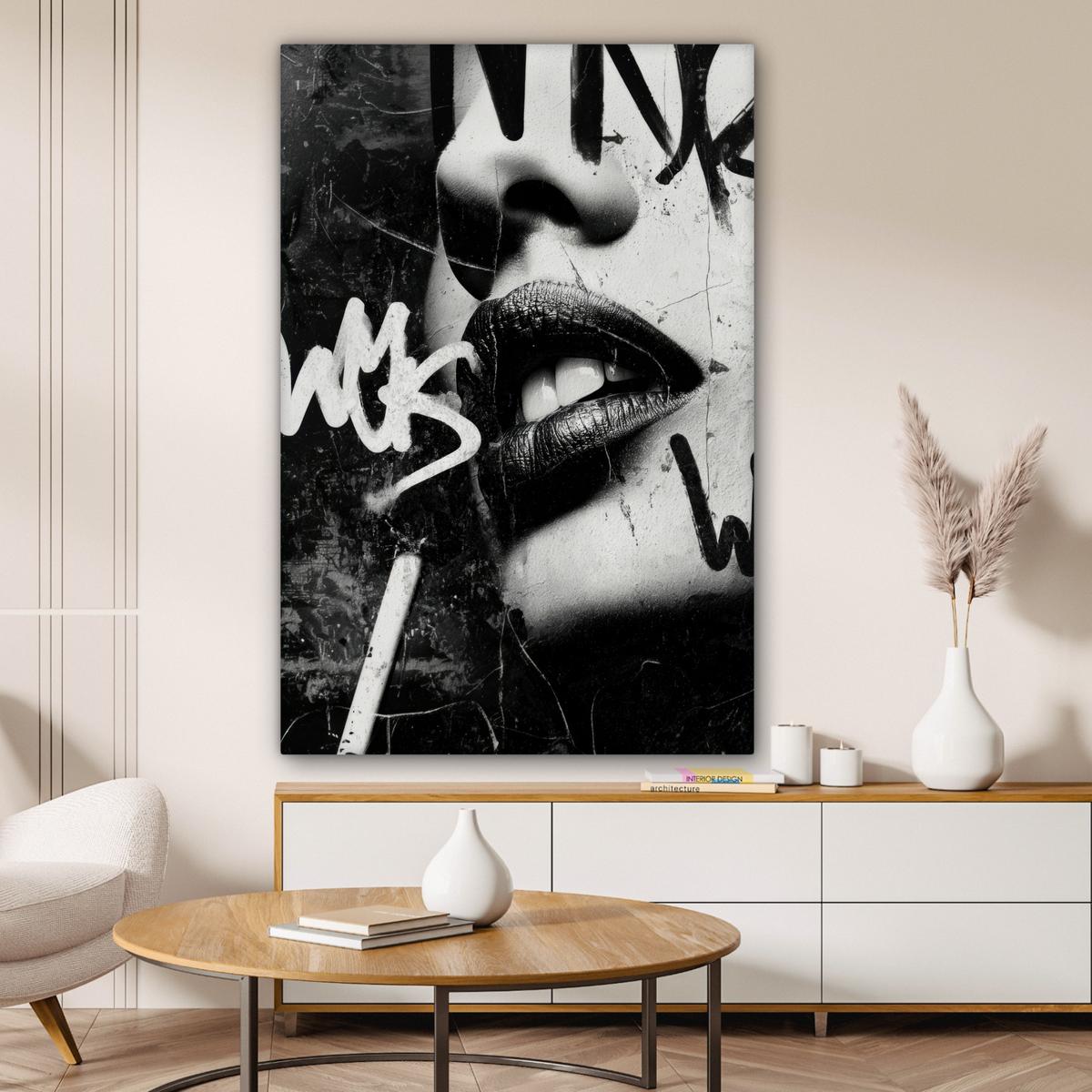 LEINWANDBILD Gesicht - Mund - Graffiti - Schwarz Deko Groß 90x140 cm - Schwarz, Textil (90/140cm) - MuchoWow
