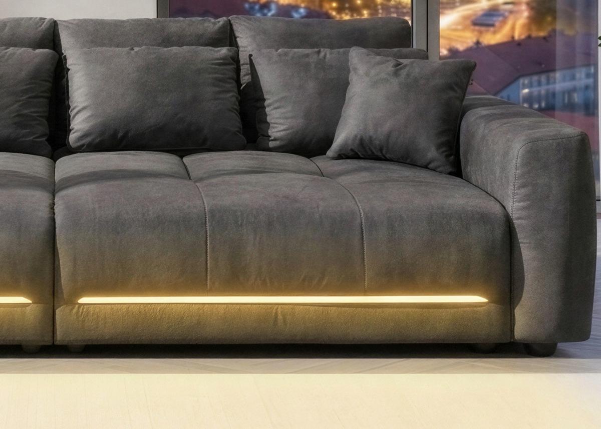 BIG-SOFA Federkern B294/T136/H86 cm, RGB-LED-Beleuchtung mit Fernbedienung, Mikrofaserstoff in Anthrazit / 15415 - Anthrazit/Schwarz, Kunststoff/Textil (294/86/136cm) - luma-home
