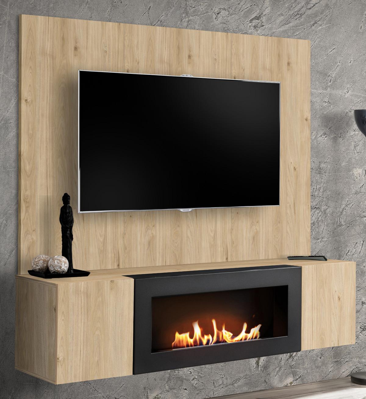 TV-LOWBOARD Eiche Jackson 160 cm hängend, Set inklusive Ethanol Kamin und Wandpaneel - Eichefarben, Holzwerkstoff (160/158/40cm) - Inn.Furn