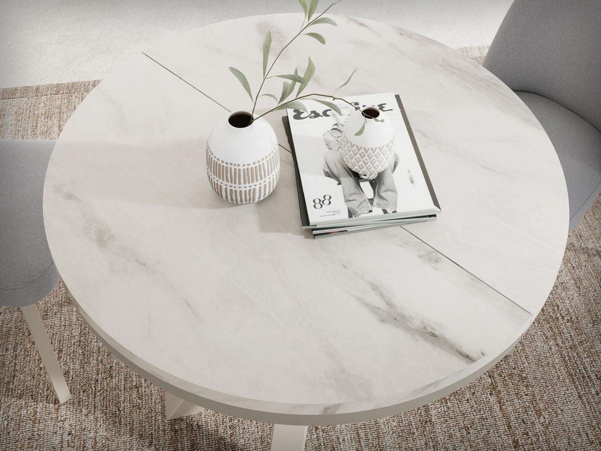ESSTISCH Clara Grau-Beige runder ausziehbarer, Marmor Weiß 120-200/120/76 cm - Ecru/Greige, Holzwerkstoff/Metall (120/196/76cm) - WFL GROUP