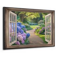 LEINWAND Bilder mit Rahmen - Aussicht - Garten - Fenster - Hortensie - Blumen - 120x80 - Pastellblau, Textil (120/80cm) - MuchoWow