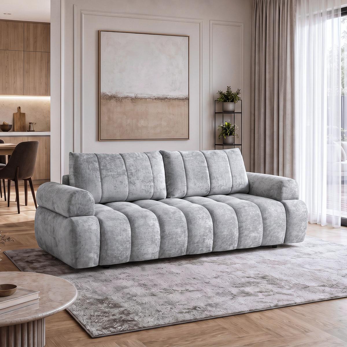 SCHLAFSOFA Mavi 3-Sitzer mit Schlaffunktion, Bettsofa Schlafcouch 195x145 cm, Hellgrau - Hellgrau, Textil (255/100/110cm) - Beautysofa