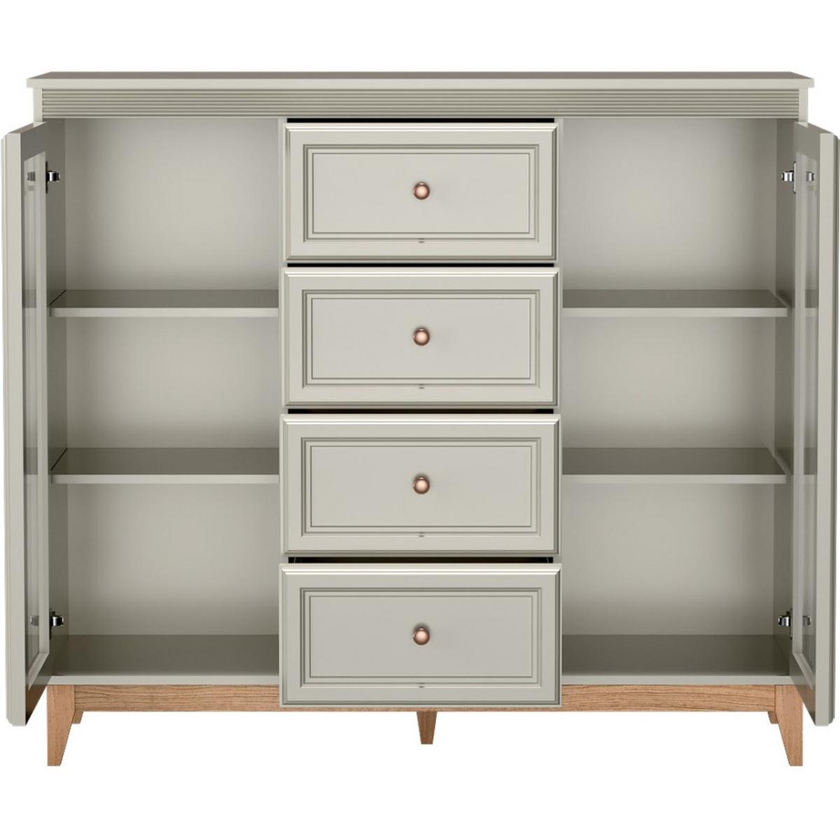 VITRINE Charlott mit 4 Schubladen und 2 Türen, mit LED-Beleuchtung - Kaschmir/Eichefarben, Holz/Holzwerkstoff (141.5/125.5/40.5cm) - Beautysofa