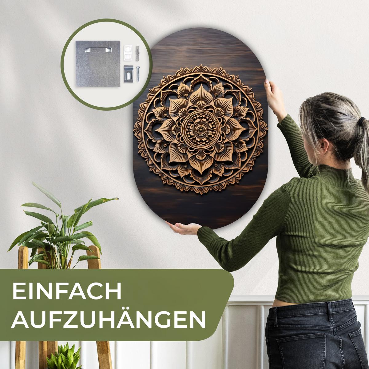 WANDBILD Mandala - Holz - Blumen - Braun Wanddeko Schlafzimmer 60x90 cm - Gelb, Kunststoff (60/90cm) - MuchoWow