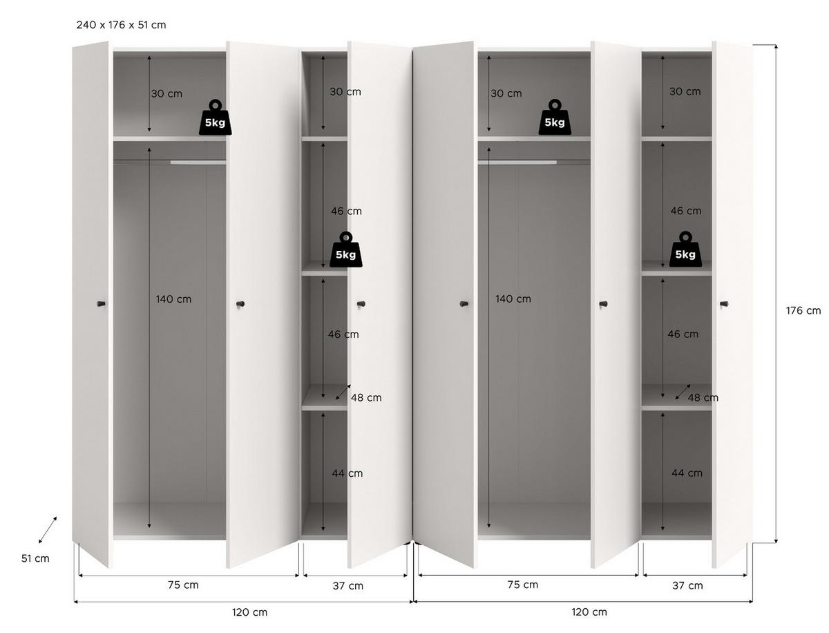 KLEIDERSCHRANK weiß 6-türig 240 cm, Drehtürenschrank mit Kleiderstangen - Schwarz/Weiß, Holzwerkstoff/Kunststoff (240/176/51cm) - Inn.Furn