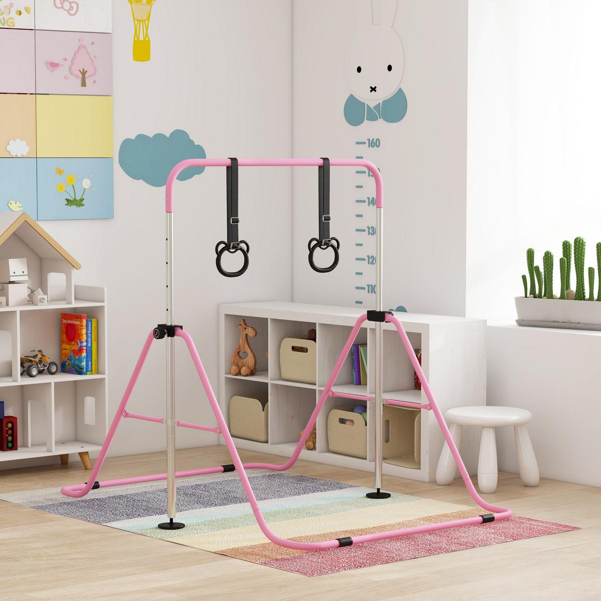 KINDER Gymnastik Turnreck 5-stufige höhenverstellbar Reckstange Stahl Rosa - Rosa, Metall (105/128/148cm) - HOMCOM