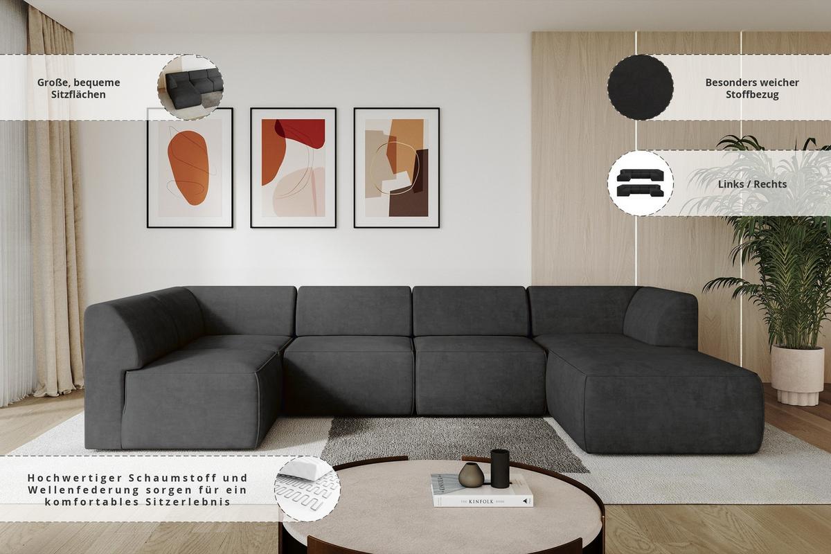 WOHNLANDSCHAFT Ottomane Rechts MOVA 345x180x78 Schwarz Velours - Schwarz, Holzwerkstoff/Kunststoff (345/78/180cm) - ALTDECOR