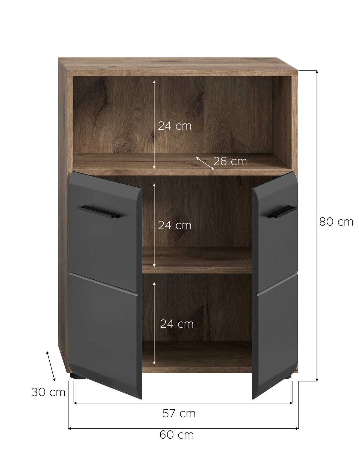 MIDISCHRANK schwarz matt, Eiche 2-türig, Badkommode 60 x 80 cm - Eichefarben/Schwarz, Holzwerkstoff/Kunststoff (60/80/30cm) - Inn.Furn