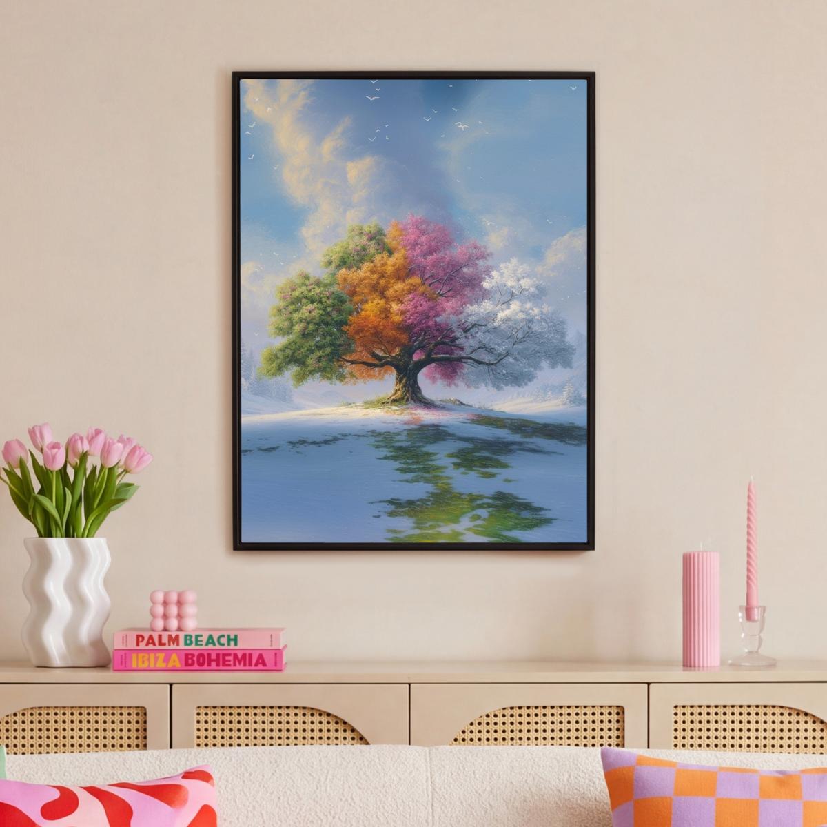 LEINWAND Bilder mit Rahmen - Baum - Jahreszeiten - Winter - Landschaft - 70x100 - Multicolor, Textil (70/100cm) - MuchoWow