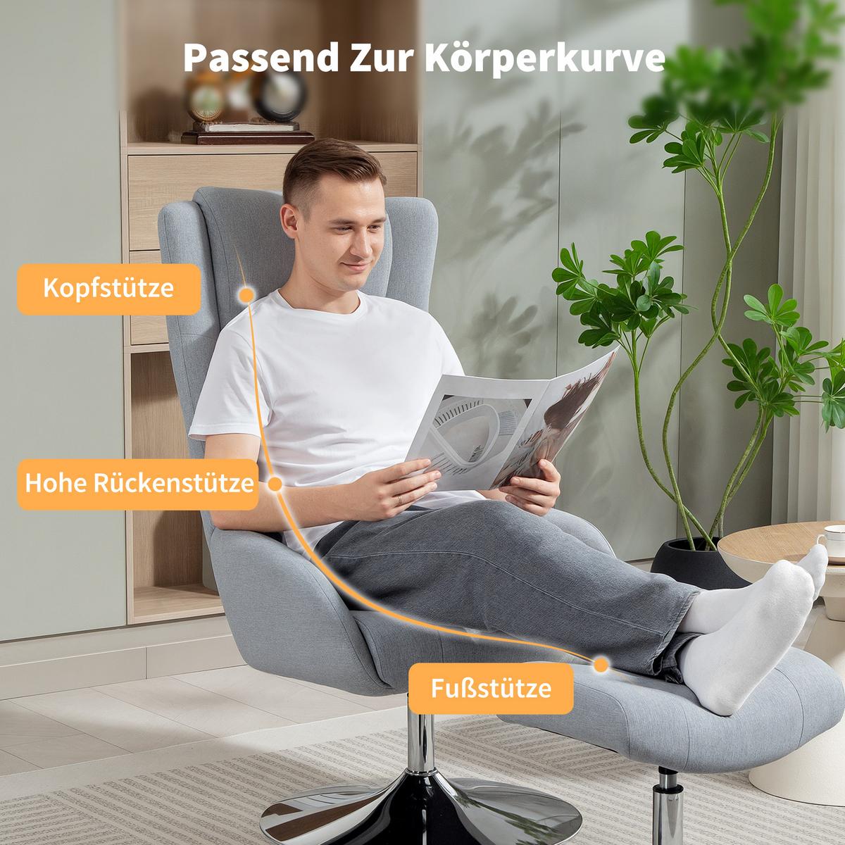 RELAXSESSEL mit Hocker drehbar Grau - Grau, Textil (68/118/84cm) - HOMCOM