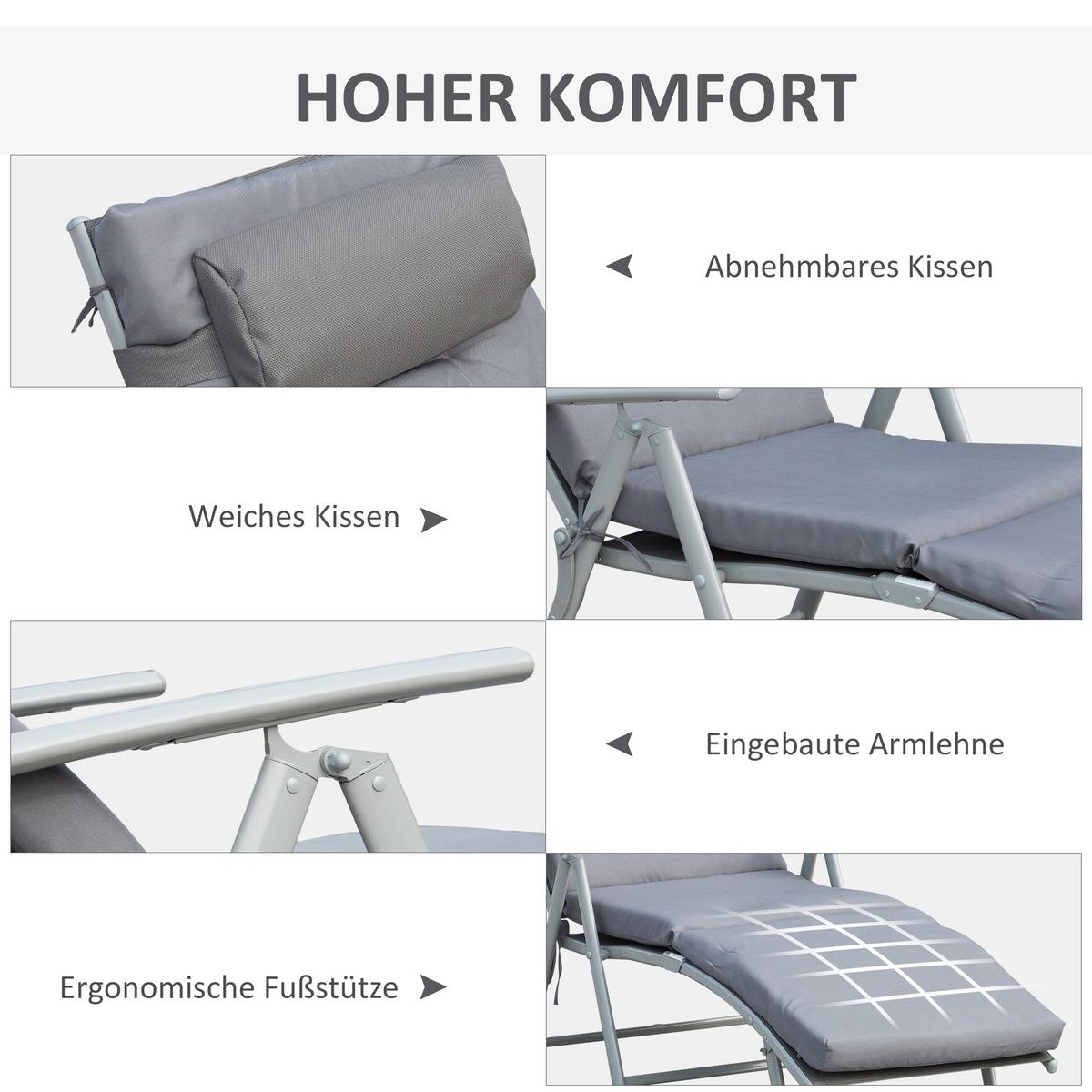 SONNENLIEGE, verstellbar, 137 x 63,5 x 100,5 cm, Metall, Stoff, Grau - Grau, Kunststoff (63/5/137cm) - Outsunny
