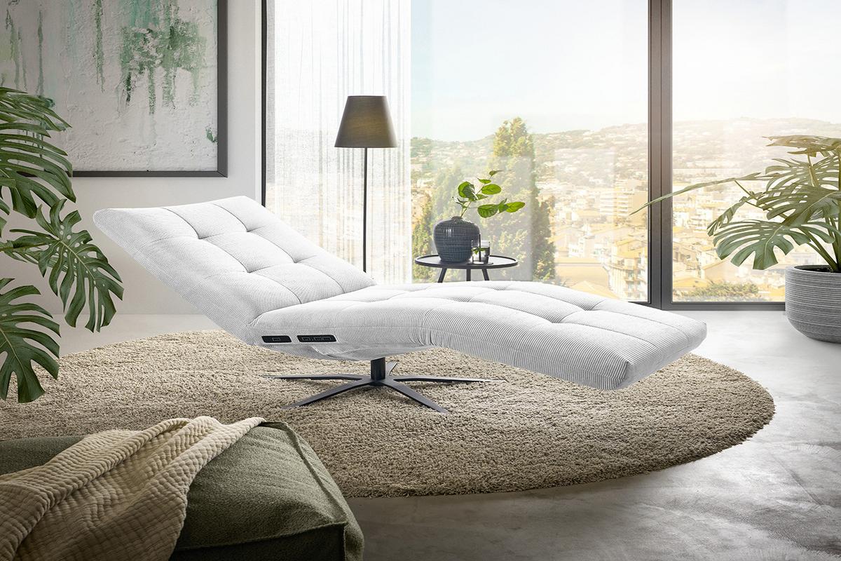 RELAXLIEGE LETICIA Weiß Cord Drehbar (360°), Relaxfunktion - Schwarz/Weiß, Textil/Metall (82/115/156cm) - KAWOLA
