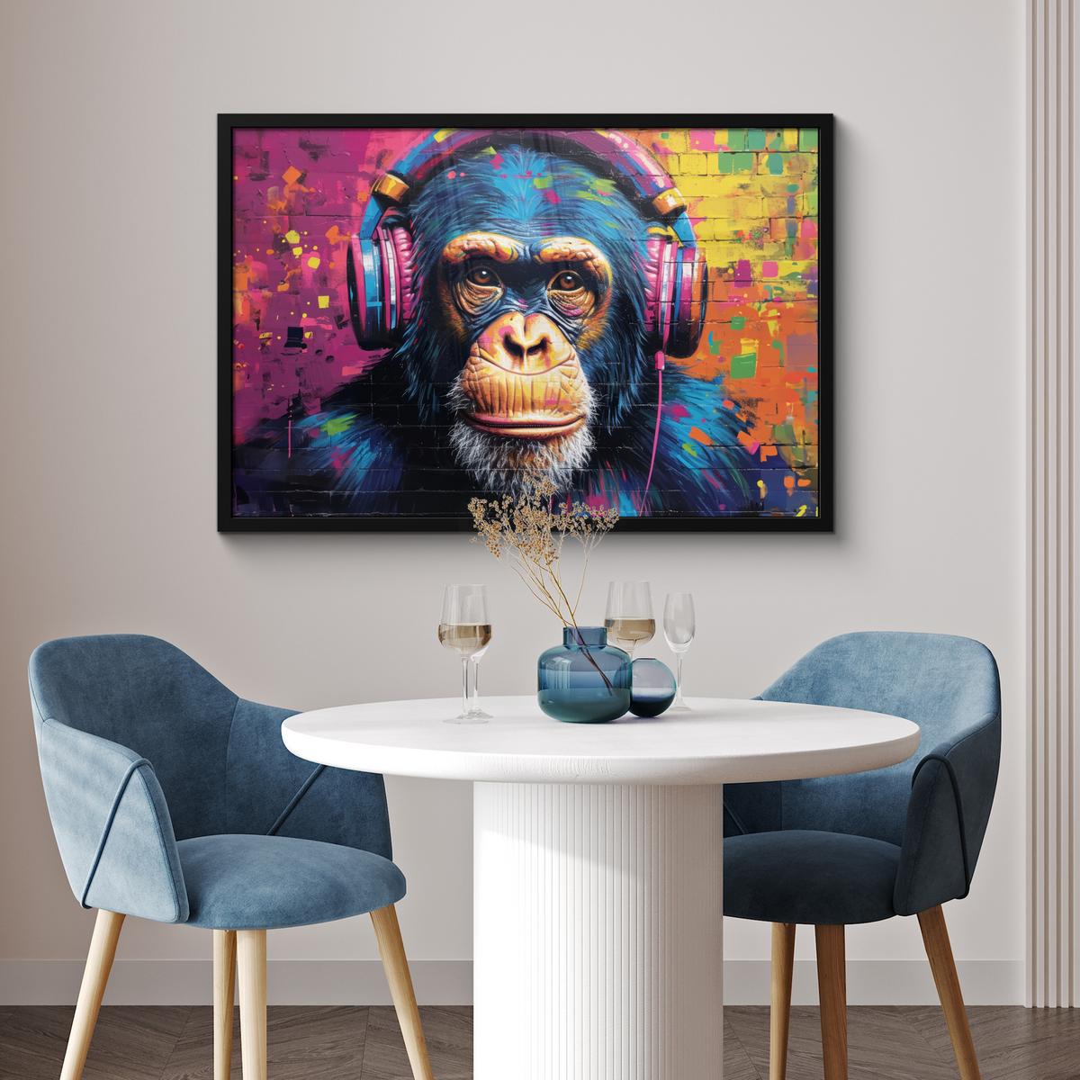 POSTER MIT RAHMENGERAHMTES BILD Graffiti - Schimpanse - Straßenkunst - Kopfhörer - Affe 90x60 cm - Blau, Papier (90/60cm) - MuchoWow