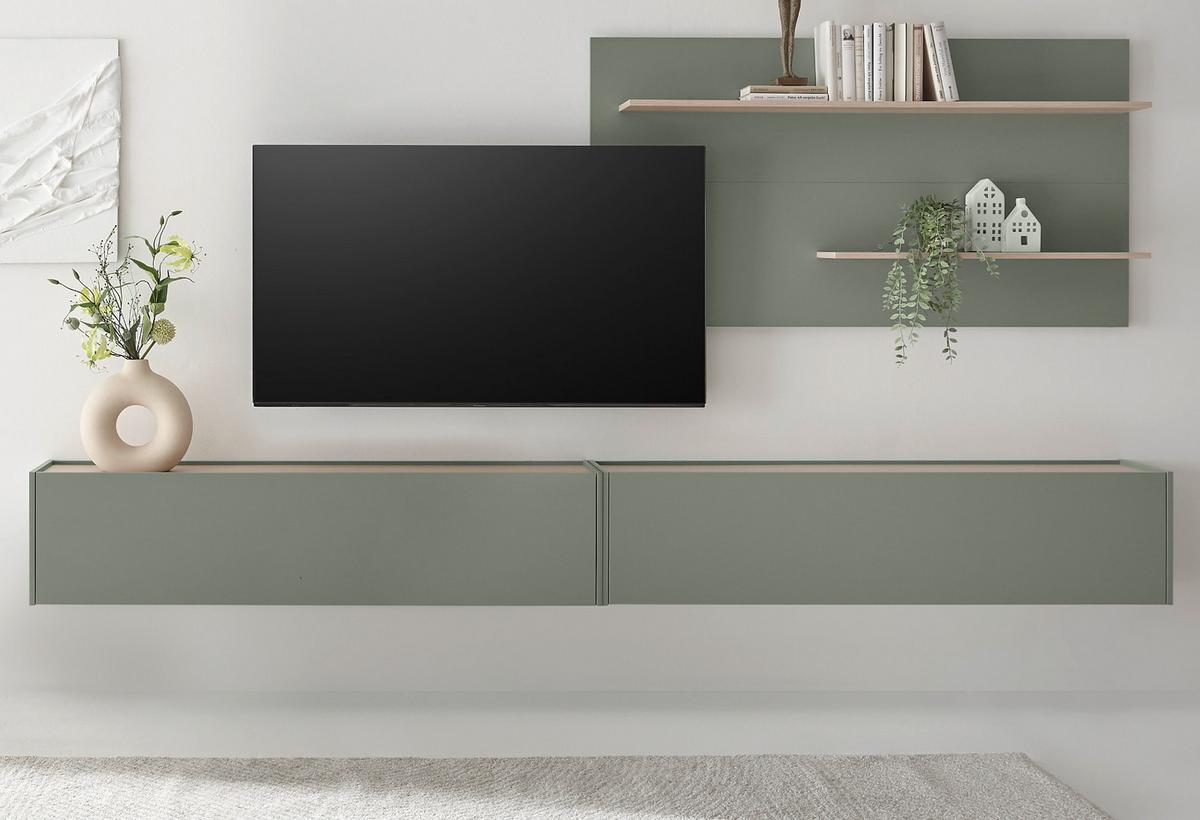 WOHNWAND in Salbei Grün mit Eiche, Wohnzimmer Fernsehschrank mit 300 cm TV Lowboard, gesamt 300 x 190 cm - Salbeigrün/Eichefarben, Holz/Holzwerkstoff (300/190/30cm) - Furn.Design
