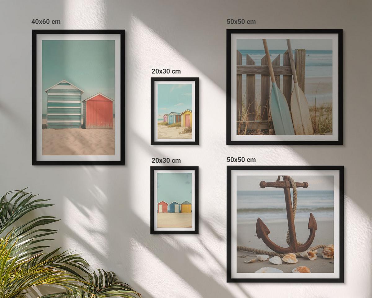 BILDER SET 5er Set - 50x50 cm & 20x30 cm & 40x60 cm Schwarzer Rahmen - Bunte Häuser, Strand, Sonne - Schwarz, Kunststoff (40/60cm) - TULUP