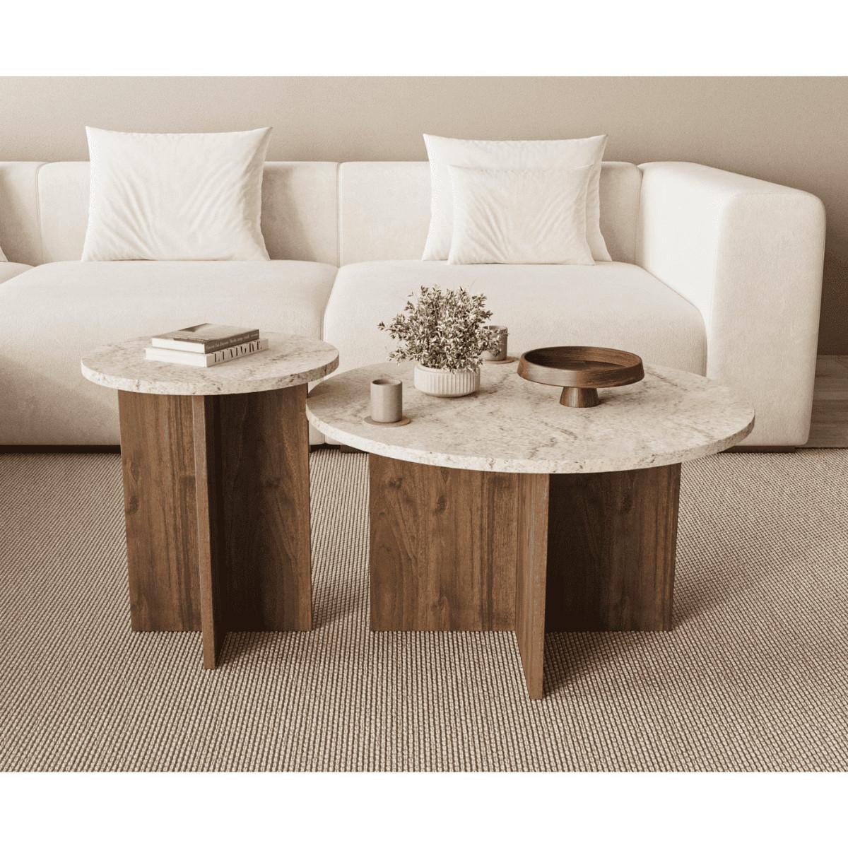 COUCHTISCHEN 2er-Set mit runder Tischplatte 70/70/40 cm - Eichefarben, Holzwerkstoff (13/70/40cm) - Calicosy