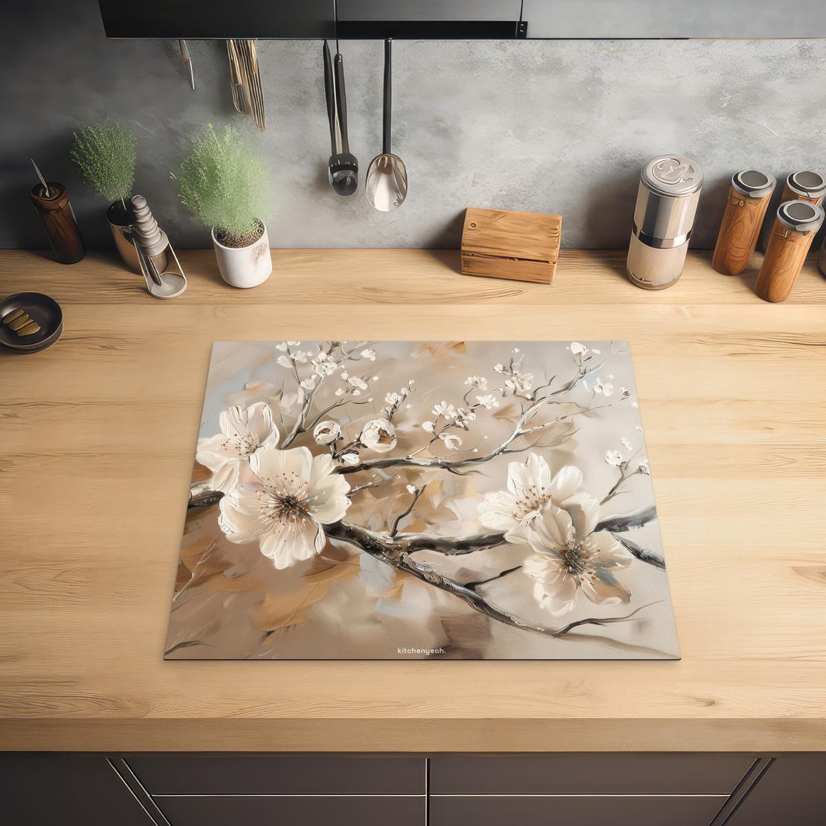 HERDABDECKPLATTE Blumen - Abstrakt - Gemalt - Beige Abdeckung Ceranfeld 57.6x51.6 cm - Kaschmir, Kunststoff (57.6/51.6/0.2cm) - MuchoWow