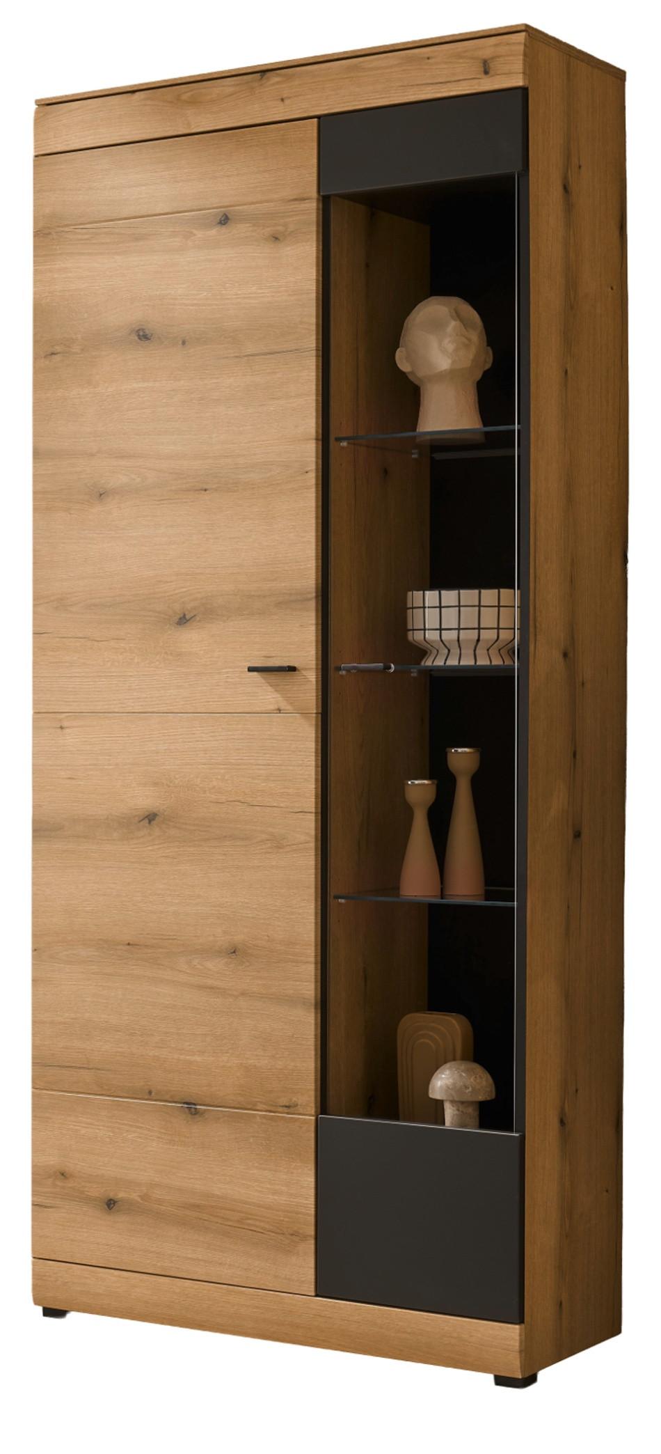VITRINE in Eiche, grau 90 x 201 cm, Vitrinenschrank mit Soft-Close - Eichefarben/Schwarz, Glas/Holzwerkstoff (90/201/35cm) - Furn.Design