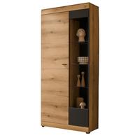 VITRINE in Eiche, grau 90 x 201 cm, Vitrinenschrank mit Soft-Close - Eichefarben/Schwarz, Glas/Holzwerkstoff (90/201/35cm) - Furn.Design