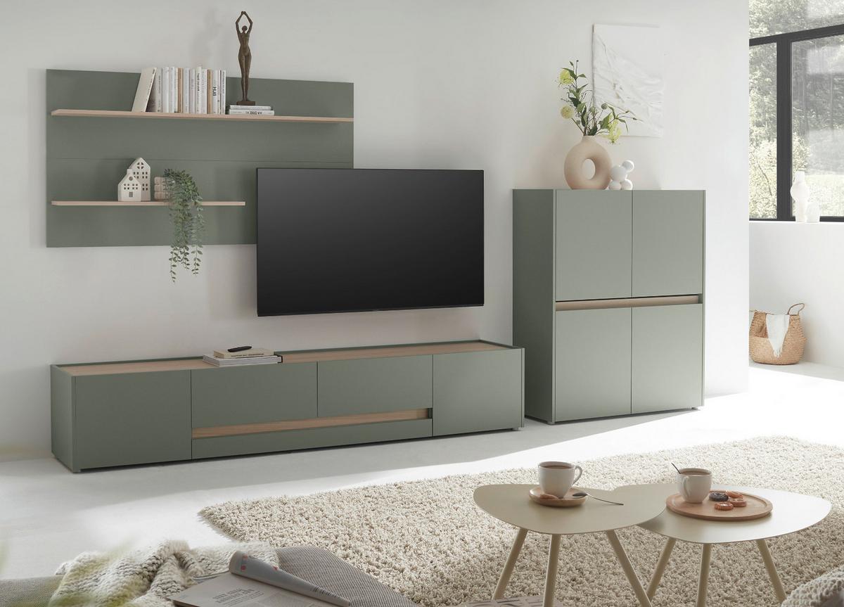 WOHNWAND 3-teilig Salbei grün, Barista Eiche 343 cm, Schrankwand in modernem Design - Salbeigrün/Eichefarben, Holzwerkstoff/Kunststoff (343/180/45cm) - Furn.Design