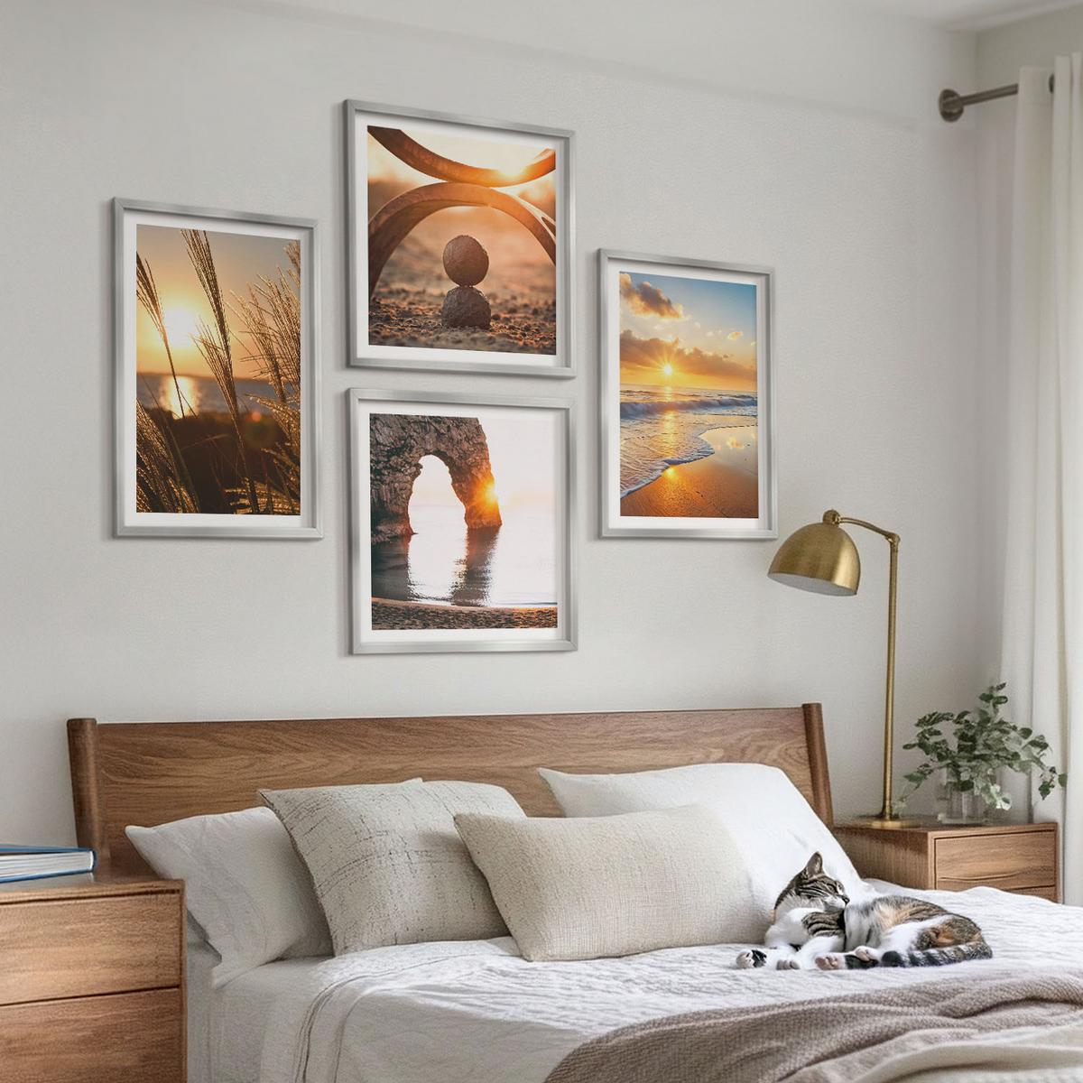 BILDER SET 4er Set - 50x50 cm & 40x60 cm Silberner Rahmen - Ruhige Landschaften am Strand der Sonne - Silberfarben, Kunststoff (50/50cm) - TULUP