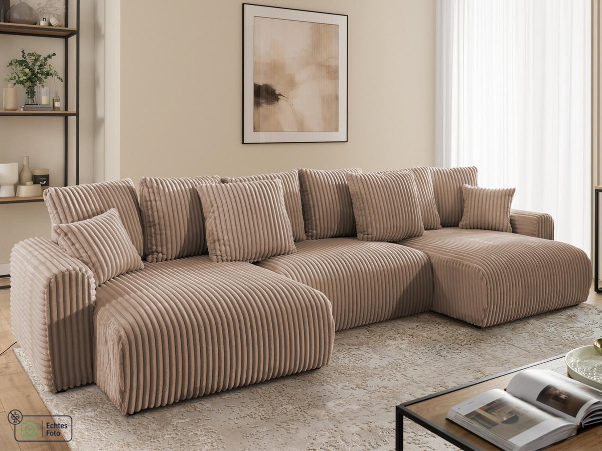 WOHNLANDSCHAFT Calma mit Schlaffunktion und Bettkasten im Bumpy-Design aus weichem Beige Plüschcord - Beige/Schwarz, Holz/Textil (336/88/140cm) - S-Style